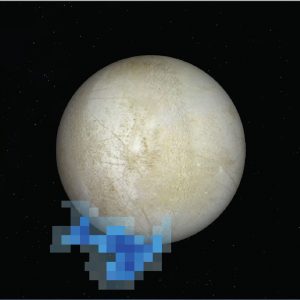Europa’nın fotoğrafı üzerine bindirilen veriler ile yapılan gösterimde Hubble’ın 2013’te rastladığı püsküren su buharları.