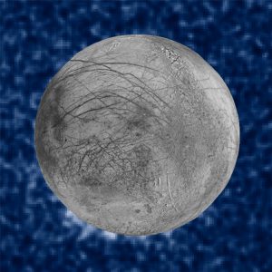 Bu kompozit resim Jüpiter’in ayı Europa’nın üzerinde saat 7 yönünde fışkıran şüpheli su buharını göstermekte. (Europa’nın resmi Hubble verisinin üzerine bindirilmiştir.)