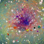 colorful and fun web of polygons lines and small round particles floating randomly